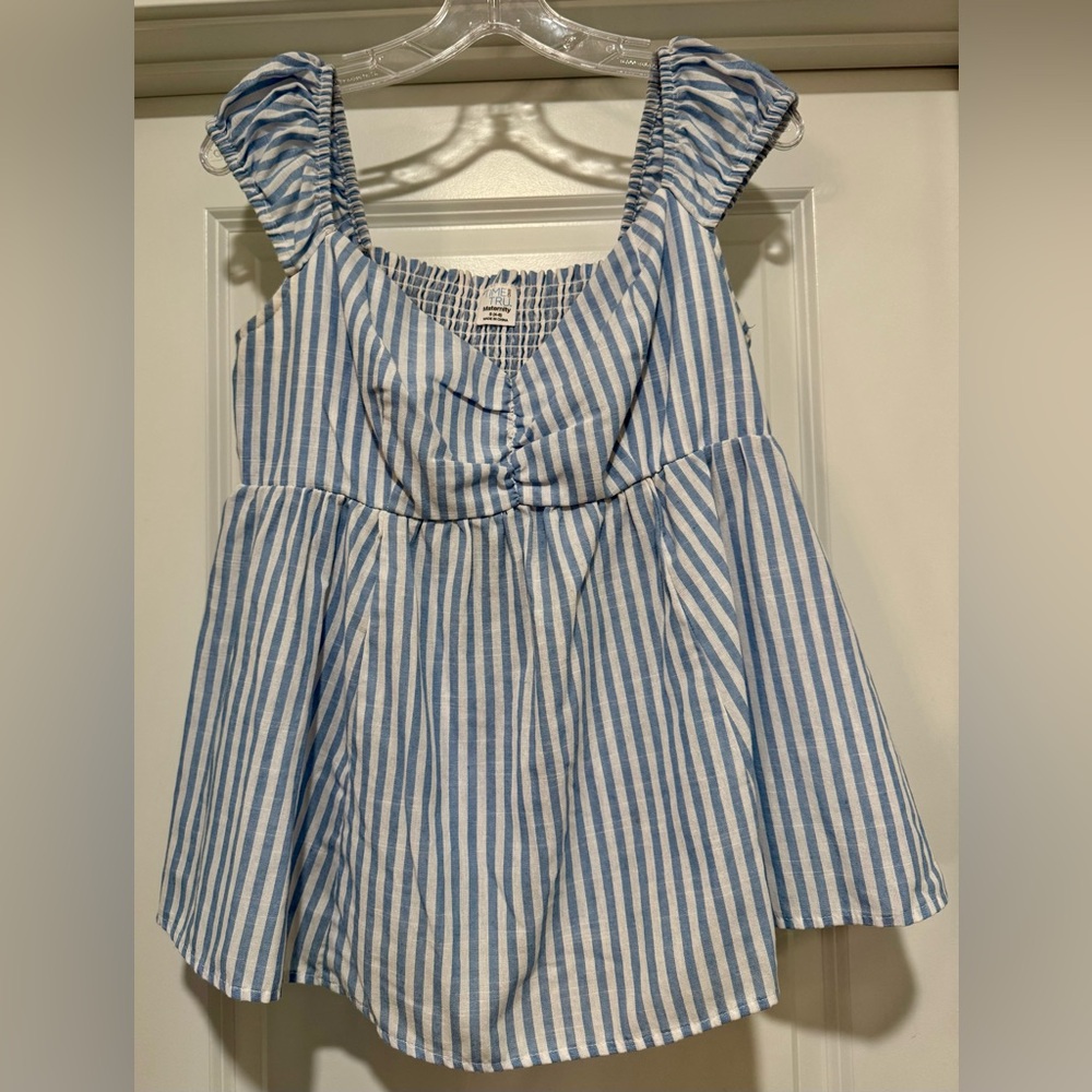 Maternity Blue & White Striped Linen Look Smocked‎ Sleeveless Top Size S